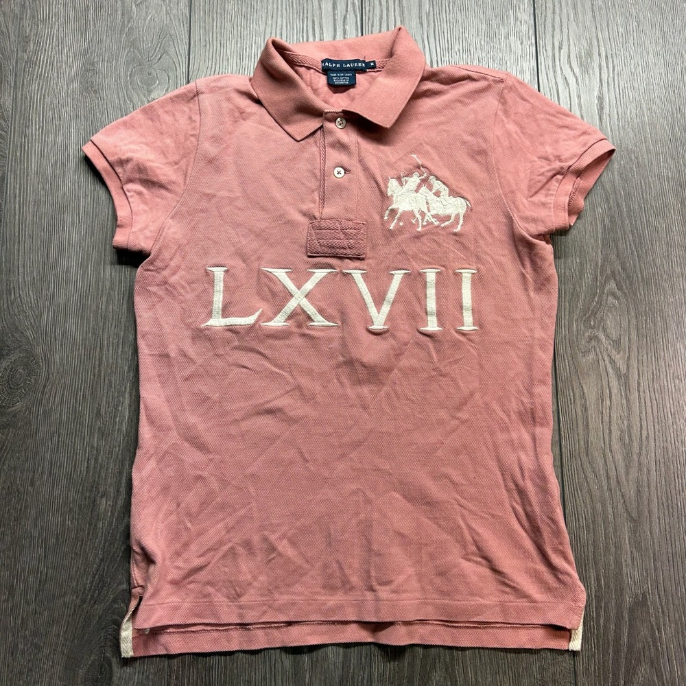 Ralph Lauren Womens Pink Big Pony LXVII Roman Numeral Polo Shirt Medium Y2K